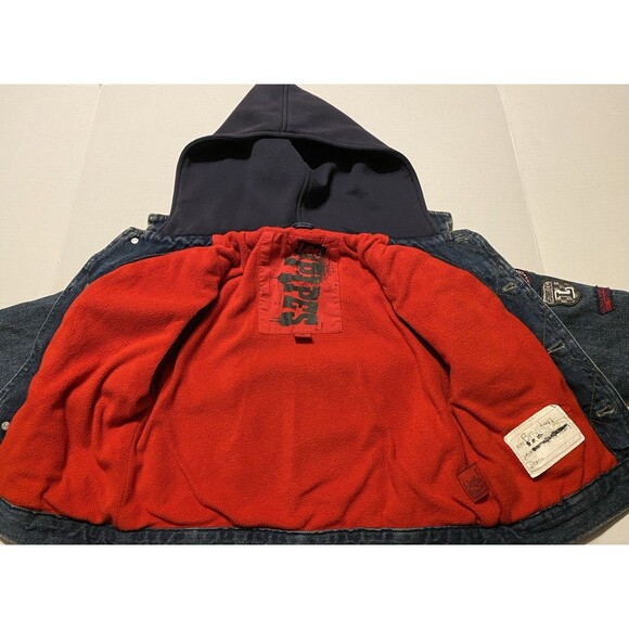 Jean Denim Jacket Boys M 5/6 LEE Pipes Hooded Fleece Lined Warm Coat Patches Y2K - Picture 3 of 16